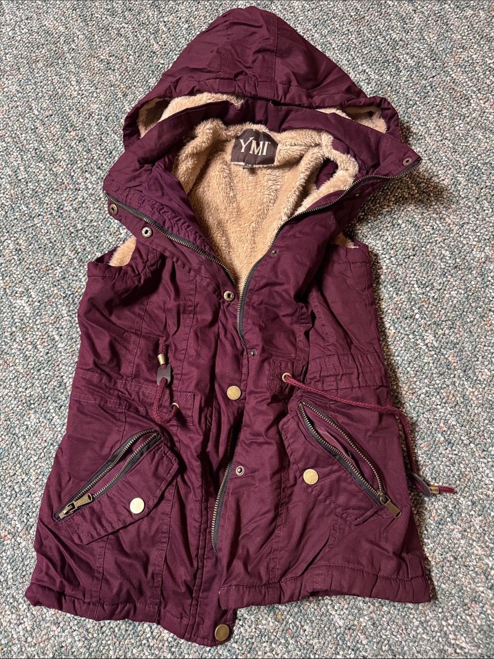 YMI Plum Hooded Sherpa-Lined Utility Vest